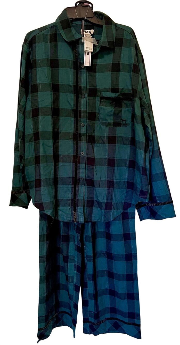 Victorias Secret Pink Pajamas Sz M Flannel Forrest Green Black Plaid Cotton NWT